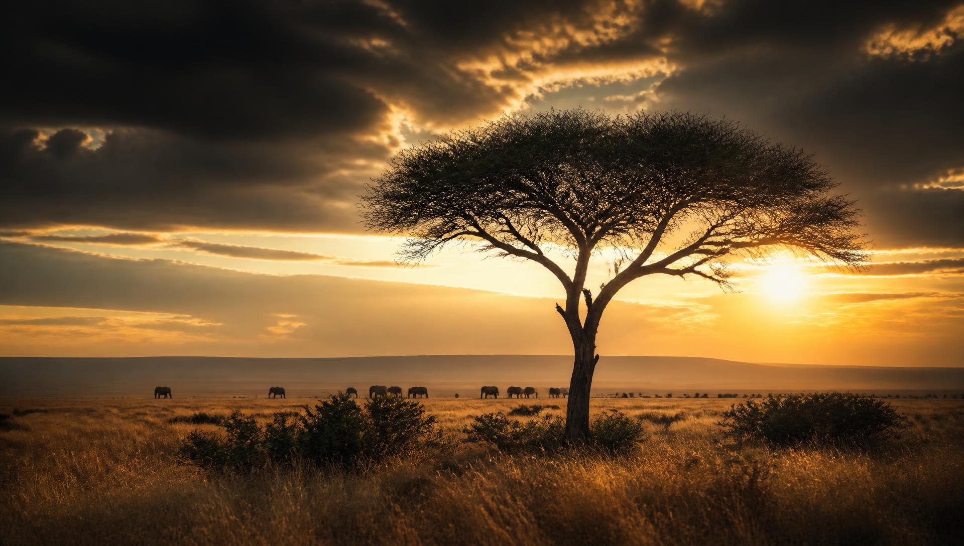 Golden hour over the Maasai Mara with a lone acacia tree
